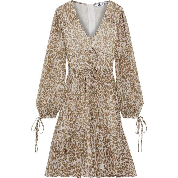 WALTER BAKER  Faber Tie-Detailed Leopard-Print Metallic Georgette Dress Sz 0 - Picture 2 of 13